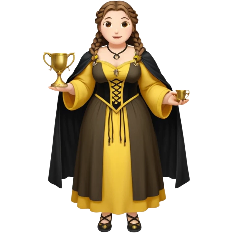 Helga Hufflepuff,brown-haired,2 braids,yellow-black medieval open dress,deep neckline,fat macromastia,black cloak decorated with gold braiding,gold cup with two handles,very kind smile,curvy busty sweet woman,round rosy cheeks,full length with medieval shoes emoji
