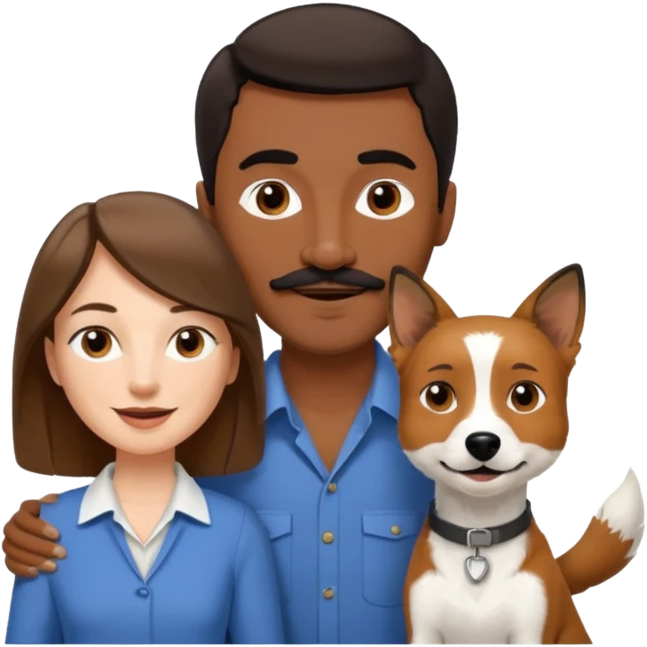 Quiero a una mujer blanca  con el pelo por el hombro lacio castaño  con un hombre de color morochito con el pelo negro y bigote, ambos felices  y un solo perro blanco Fox terrier  emoji