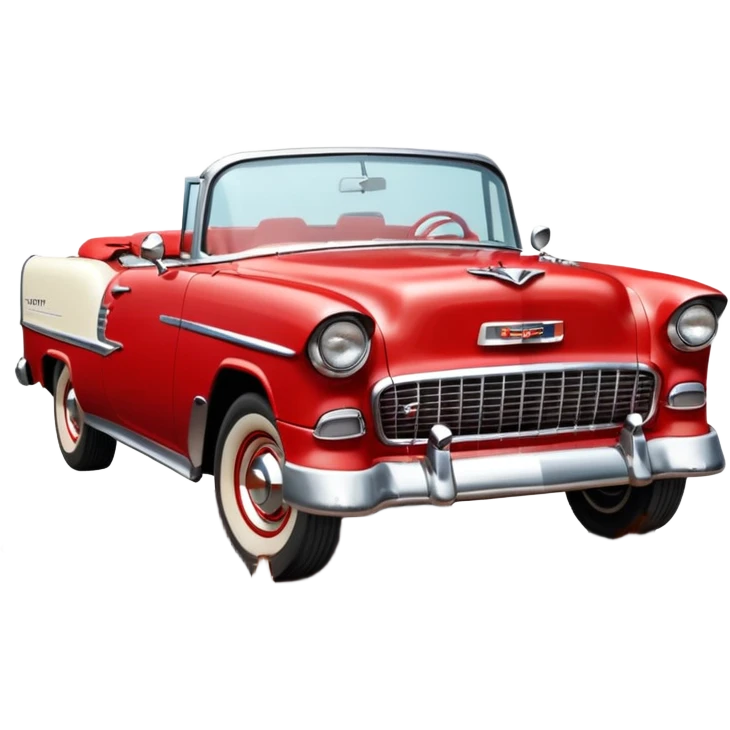 1955 Chevrolet Bel Air Convertible, Red-White color, with a bucket of brown mud pouring down on it, and the car itself is covered in brown dirt on the sides, which is stuck and clearly visible from all sides of the body. 32x32 pixels, aspect ratio: 1:1 emoji