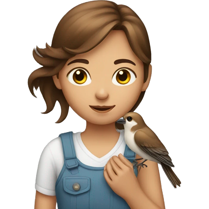 A brown haired girl holding a bird emoji