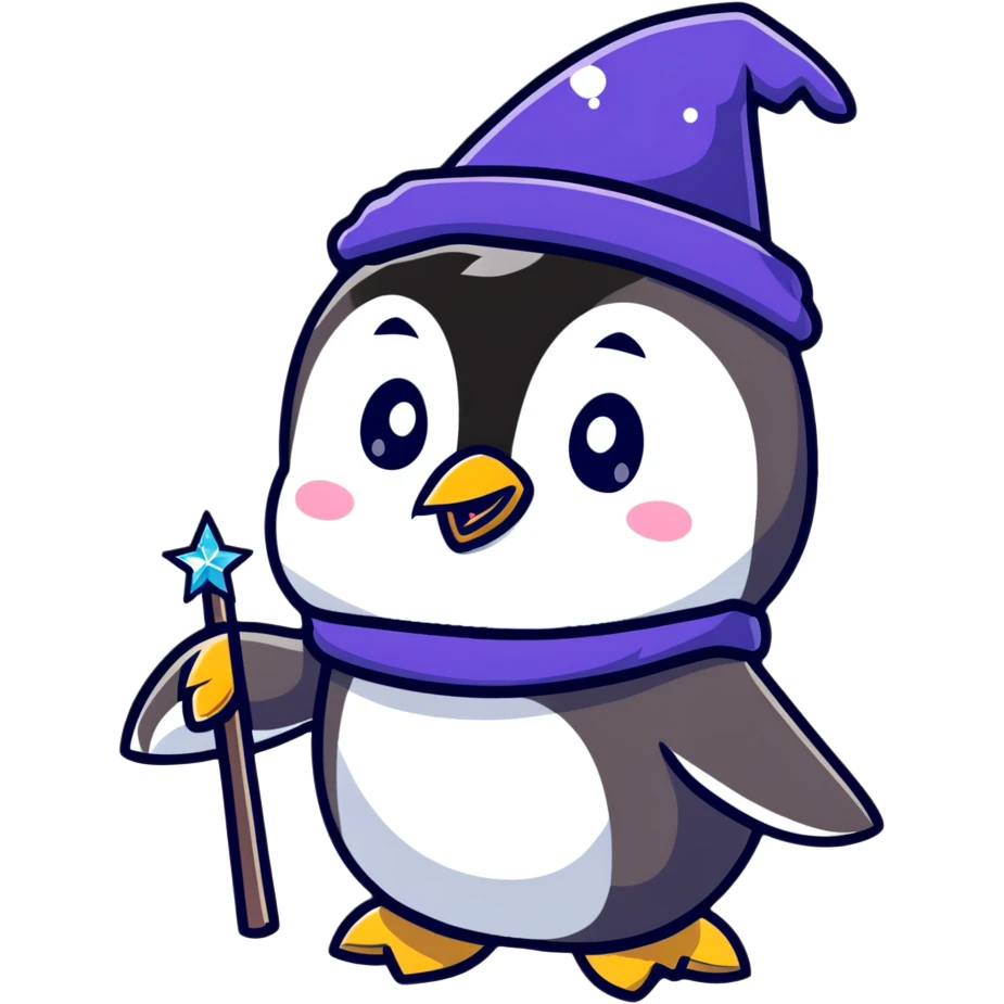 Cute penguin with wizard hat and magic sparkles emoji