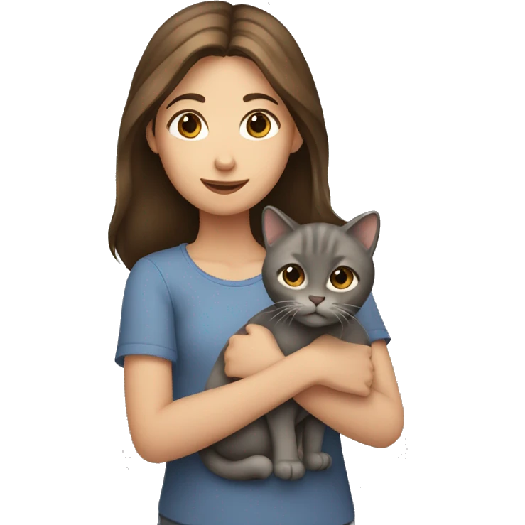 A girl with a brown hair holding a gray cat emoji