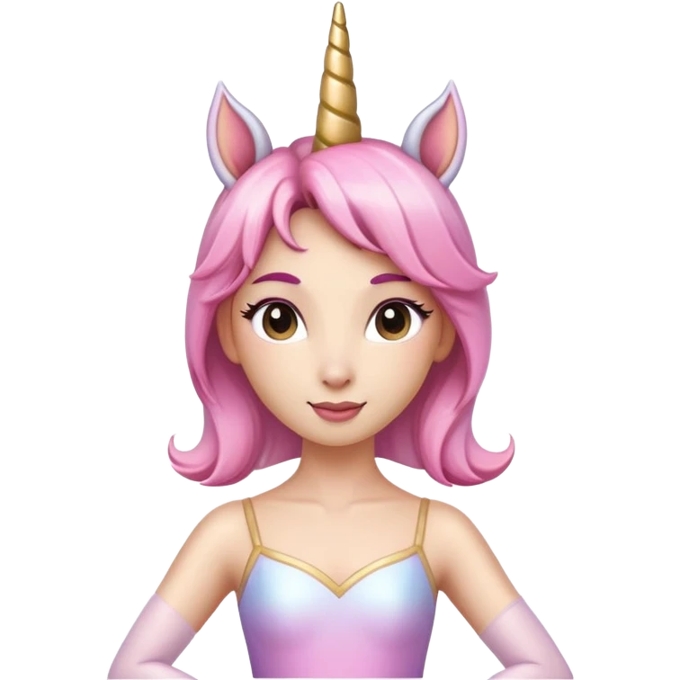 head and shoulders of an anthropomorphised female unicorn ballerina, straight on view, relaxed pose, clearly a unicorn, apple emoji style emoji