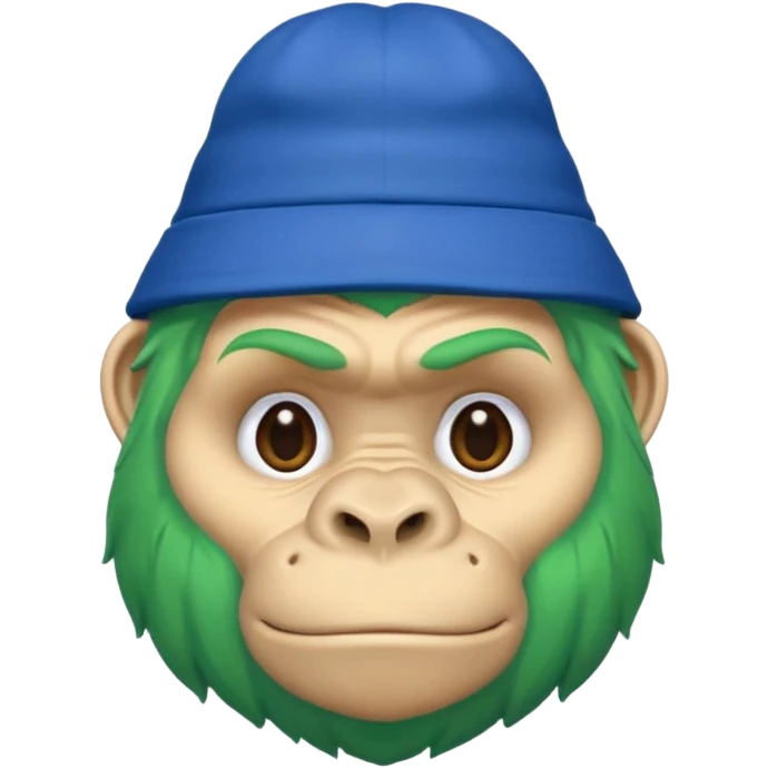 green haired gorilla head with blue hat, apple style emoji, no text, facing slightly right emoji