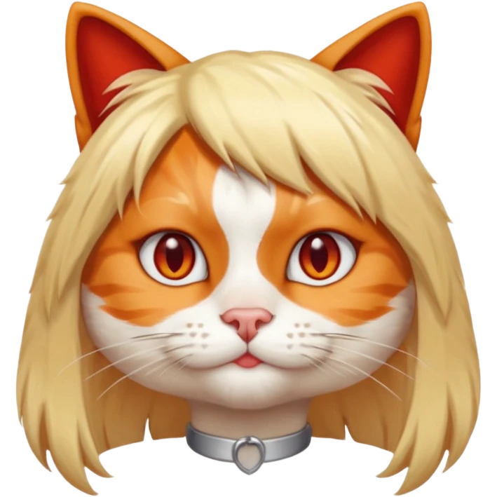A cat with a wig on and red human nails emoji
