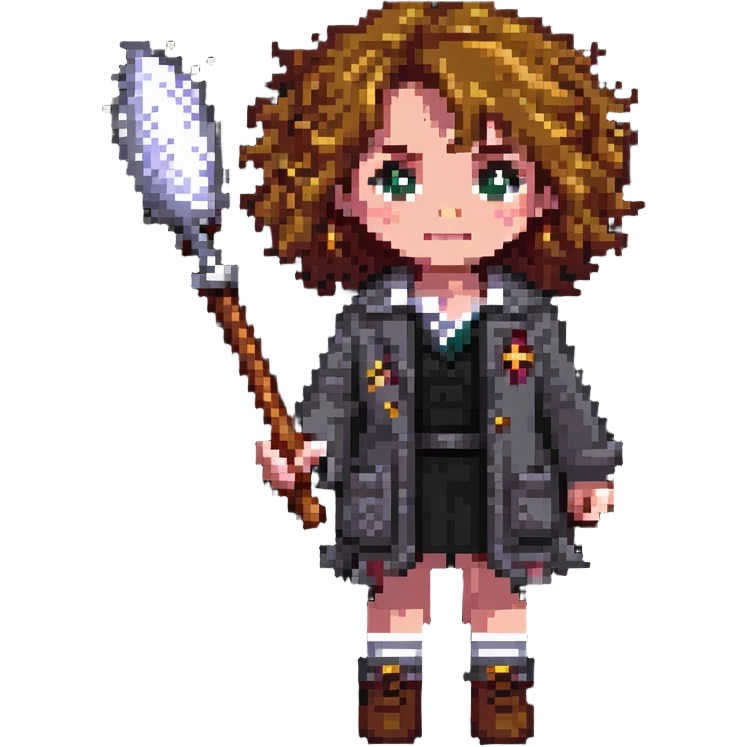 Hermione Granger with bushy hair and wand emoji