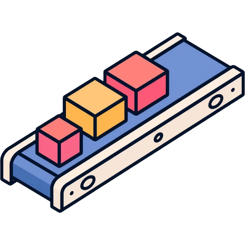 Conveyor belt system moving small cubes in sequence, automation concept emoji