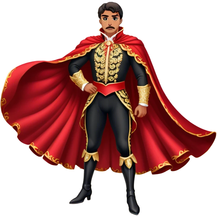 Spanish Matador – Cinematic Realistic Spanish Matador, portrayed in an ornate traje de luces with a flowing red cape, standing poised in a classic bullring with swirling dust and dramatic light, his intense expression and elegant stance capturing both bravery and artistry. emoji