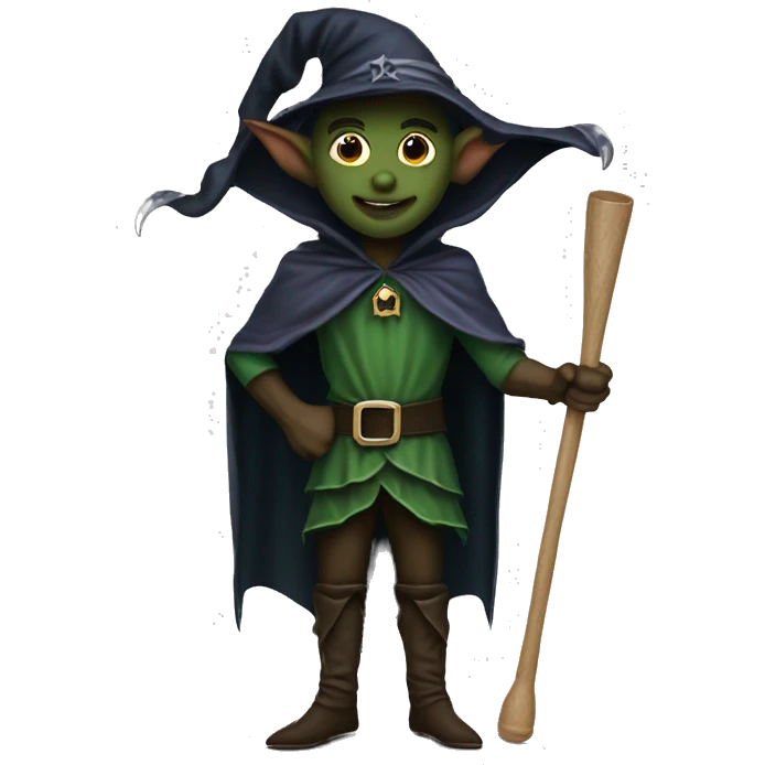 Elf dark sorcerer with a crescent moon hat, holding a bat, Halloween theme, emoji emoji