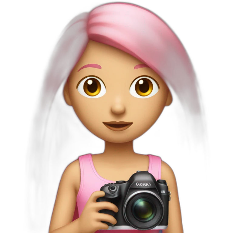 girl with long, straight rose hair with fringe and holding camera and wearing pink tank top emoji
