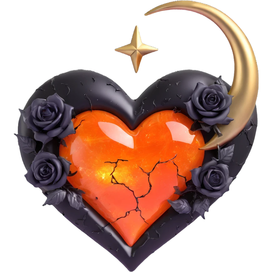 gothic heart made of molten gold glass, silver crescent moon, black roses, holographic stardust, neon orange lightning, wet and cracked glass emoji