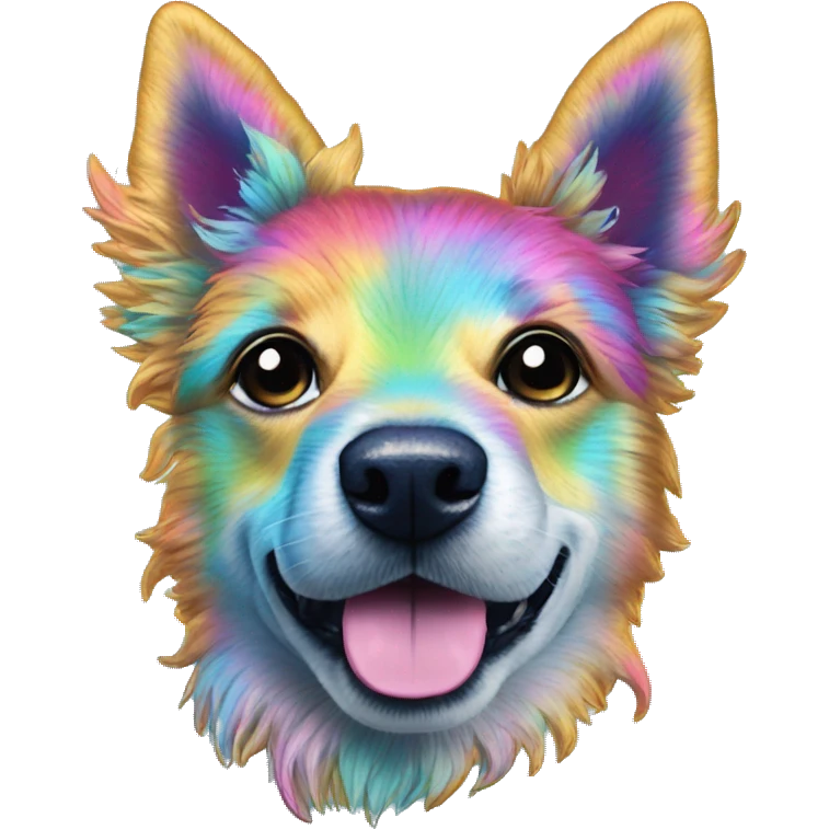 Multicolored rainbow retro groovy tie dye hippie trippy floral patterns on a metallic holographic iridescent blue dog face head unicorn emoji
