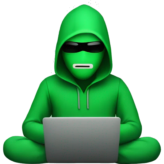 Generate a emoji of the programming hacker with a laptop that has he code in green colour and has no face and in back colour emoji