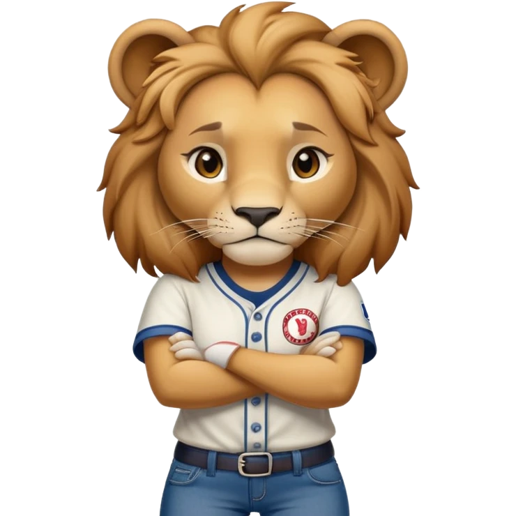 determined anthropomorphised female lion in a baseball shirt and jeans with arms folded, confident stance emoji