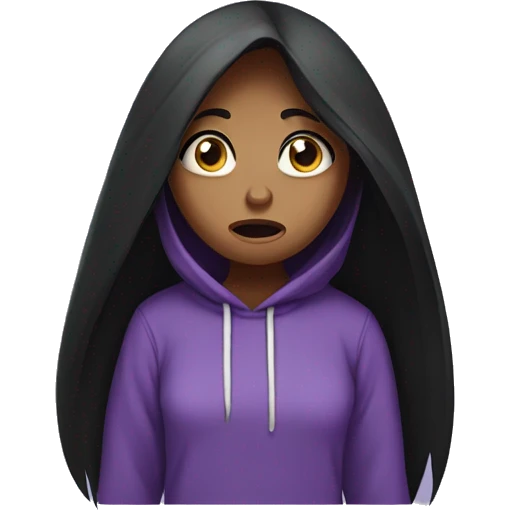 girl with long black hair, purple eyes, and purple hoodie looking scared emoji