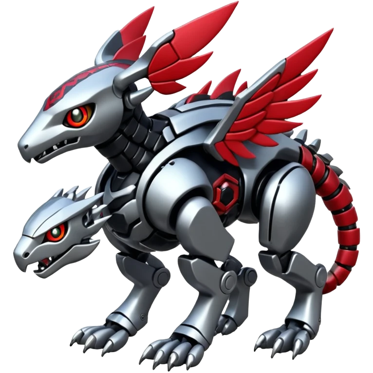 Futuristic mechanical cyborg modern badass cool shiny metallic alloy silver-grey obsidian-black crimson-red white animal Digimon Fakémon hybrid full body with intricate patterns emoji