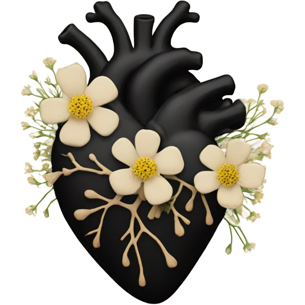 black anatomical heart with beige wildflowers emoji