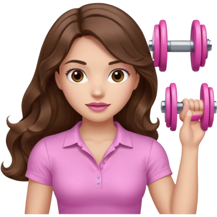 girl with wavy long brown hair, brown eyes, light to medium complexion, long lashes, light pink lipstick, wearing light pink shirt, lifting a pink dumbell weight emoji