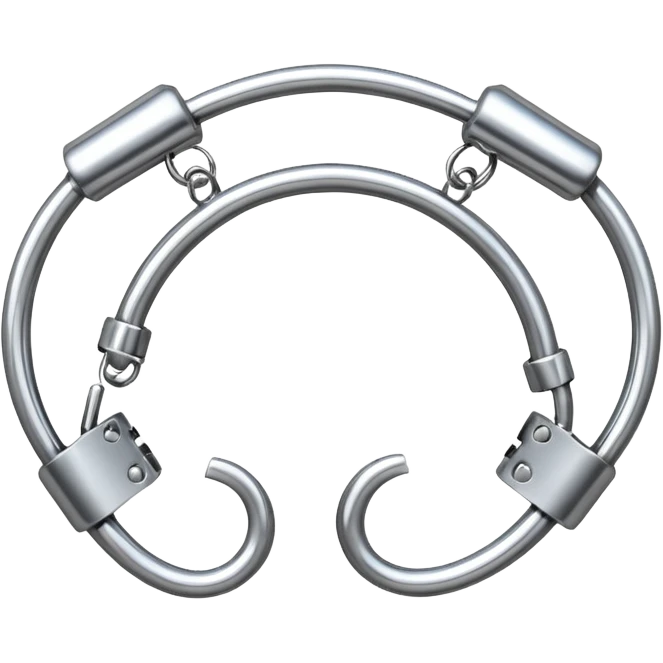 A pair of elegant handcuffs emoji made of silver chrome, smooth rounded design, glossy metallic reflections, luxury fetish aesthetic, minimal iOS emoji style, centered, clean white background emoji
