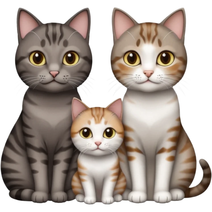3 different coloured short haired cats including; a dark brown tabby and white cat, and a dark grey and white  emoji