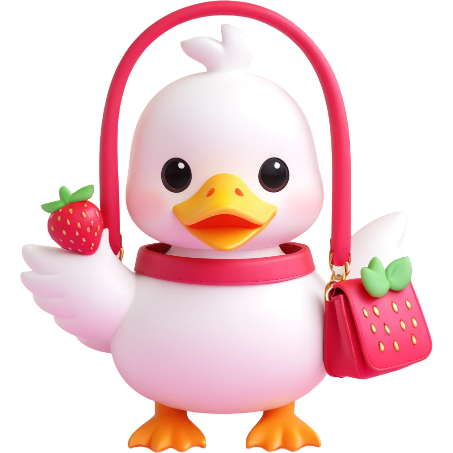 cute white duck with a strawberry-shaped shoulder bag, kawaii 3D style, pastel colors, big shiny eyes, soft lighting, iOS 18, duck waving emoji