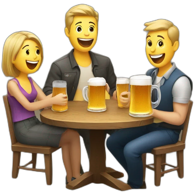 3 people laughing around a table with beer on it emoji