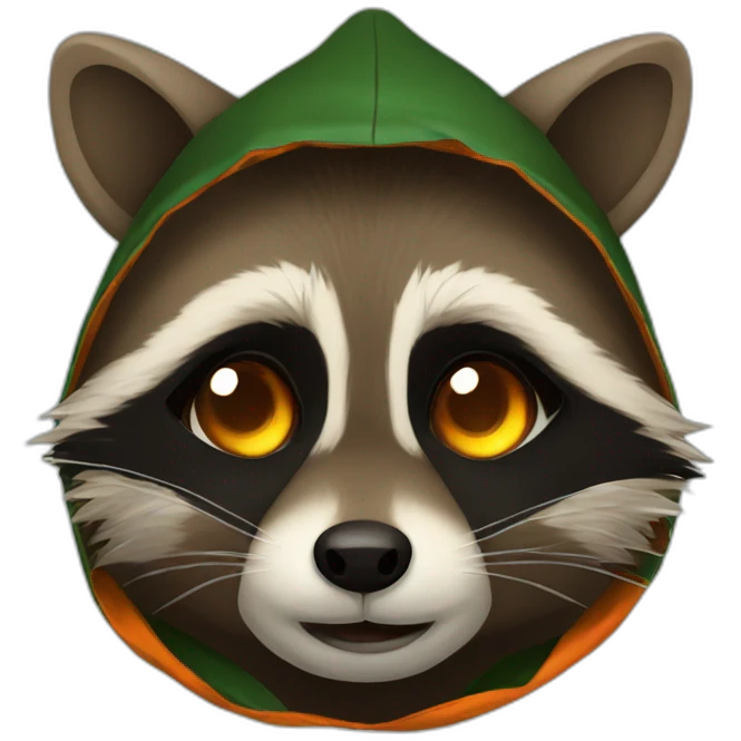 brown raccoon with orange eyes and a dark green hood that is crying emoji