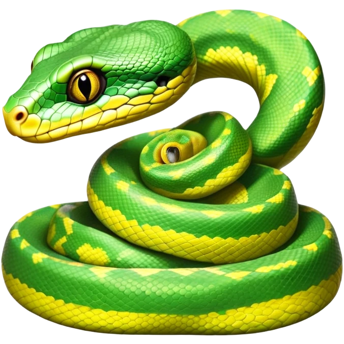 cinematic-green tree python-realistic-full-body-coiled-emoji,-thick-scaled-body-looped-tightly,-intricate-tellow and green-patterned-scales-reflecting-light,-head-tilted-dramatically,-cute-eyes-staring-calmly,-simplified-yet-realistic-focused-feature emoji