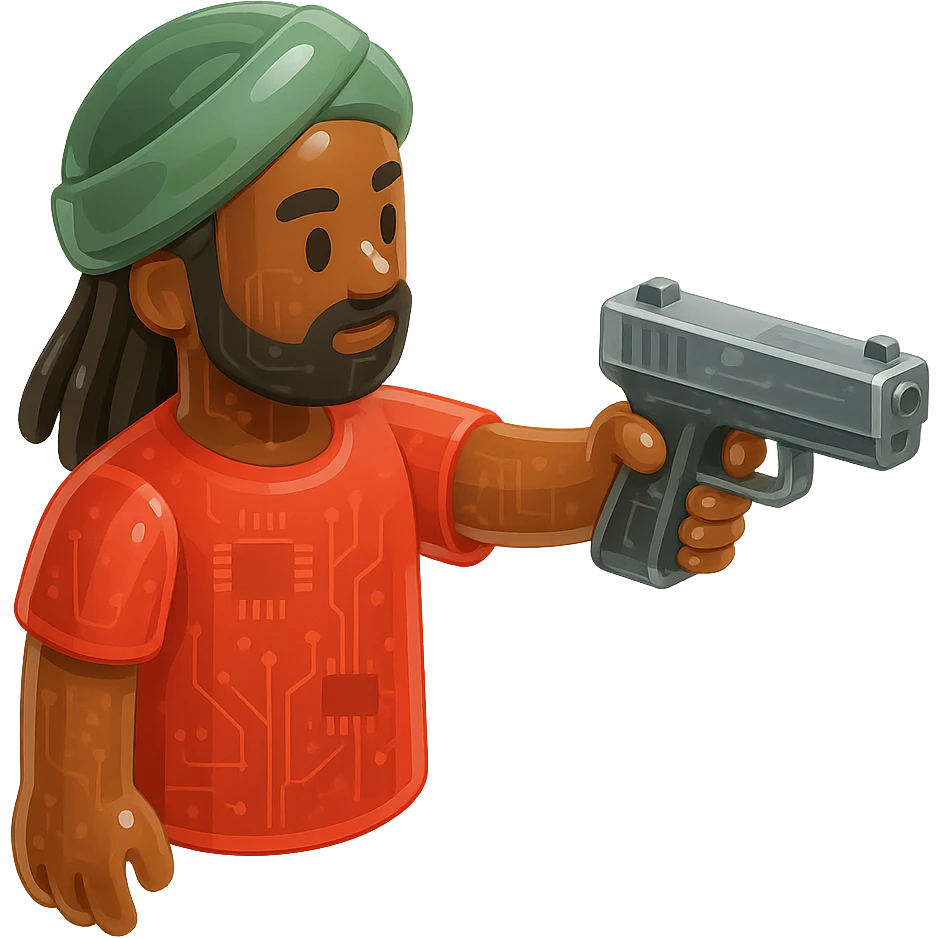 Brownskin man with long brown dreadlocks 
red t-shirt 
green turban 
expression is pointing a a glock emoji