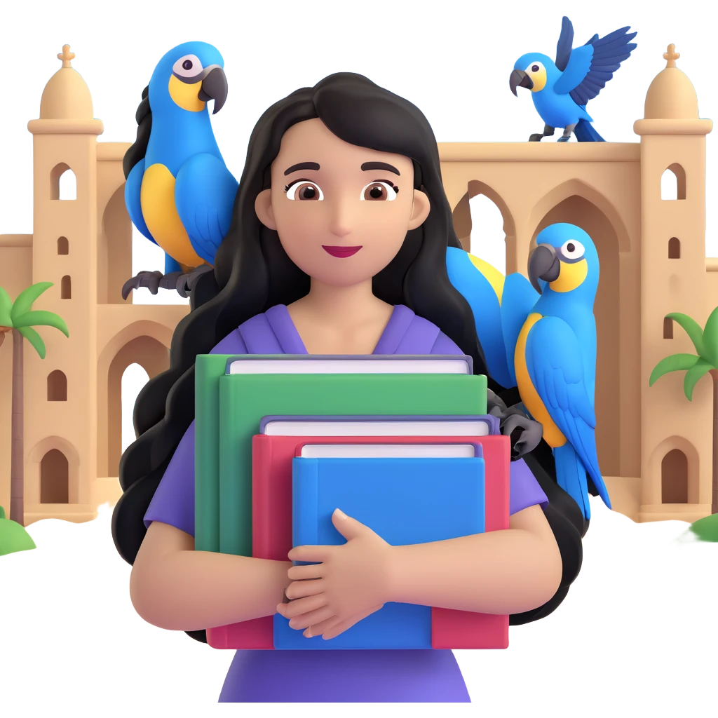 woman with long black hair and light brown skin, holding a stack of books in her arms, blue macaws flying around her, face as the focal point, with the arches of Atalaia Beach subtly in the background emoji