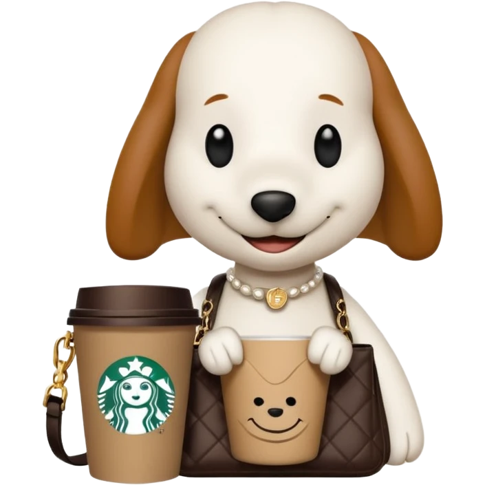 snoopy in a desk with starbucks and his chanel purse emoji
