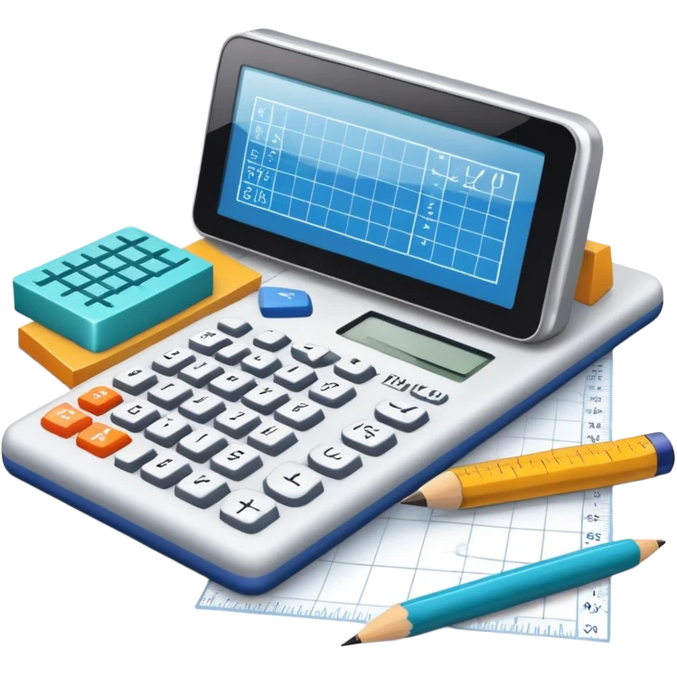 An icon featuring mathematical formulas, a calculator, and geometric shapes, symbolizing mathematics. The design includes a ruler, and a graph, representing the study of numbers, equations, and spatial relationships. Transparent background highlights the precision and logic of math. emoji