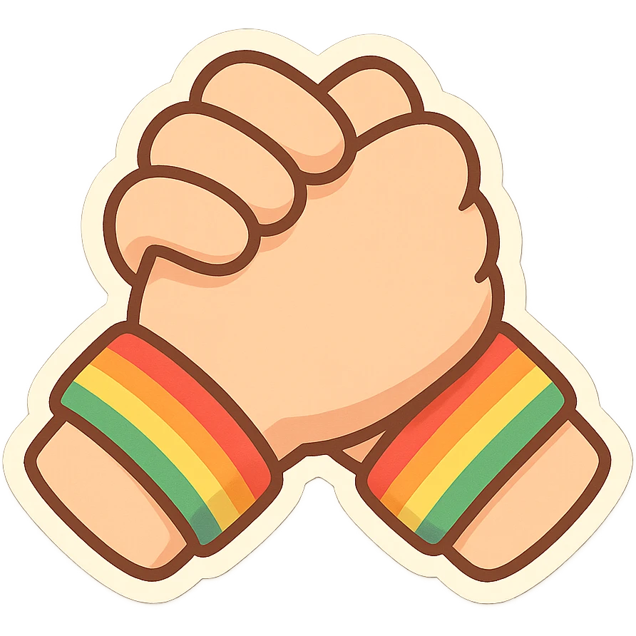 chibi sticker-style pair of clasped hands with rainbow bracelets, cute and exaggerated emoji