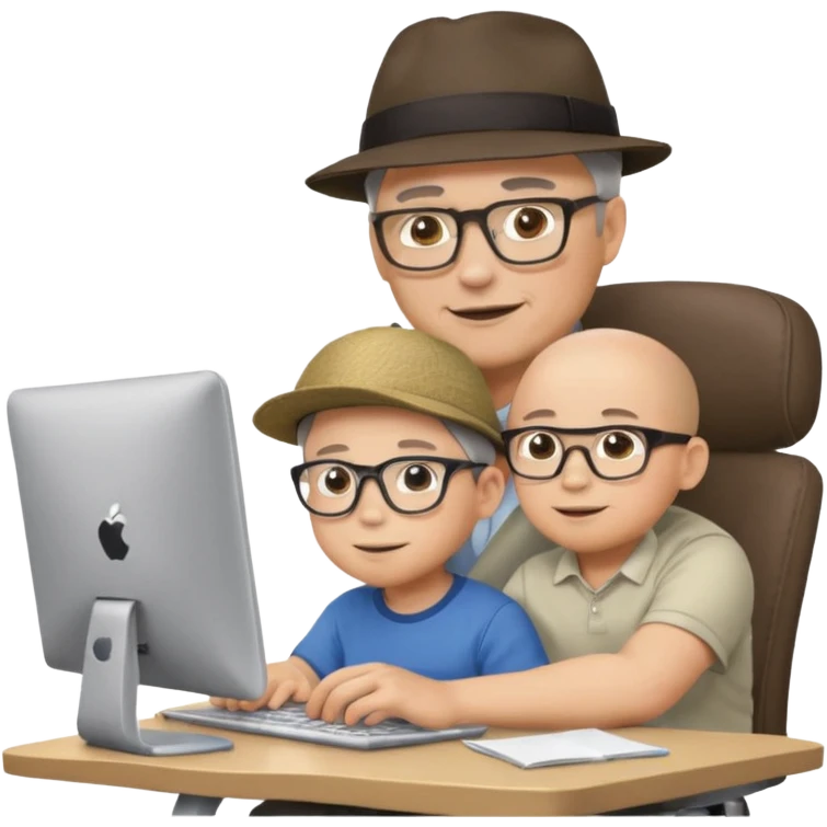 Middle aged man with glasses working at his desk, with his child sitting behind him on the headrest of his chair looking at his computer emoji