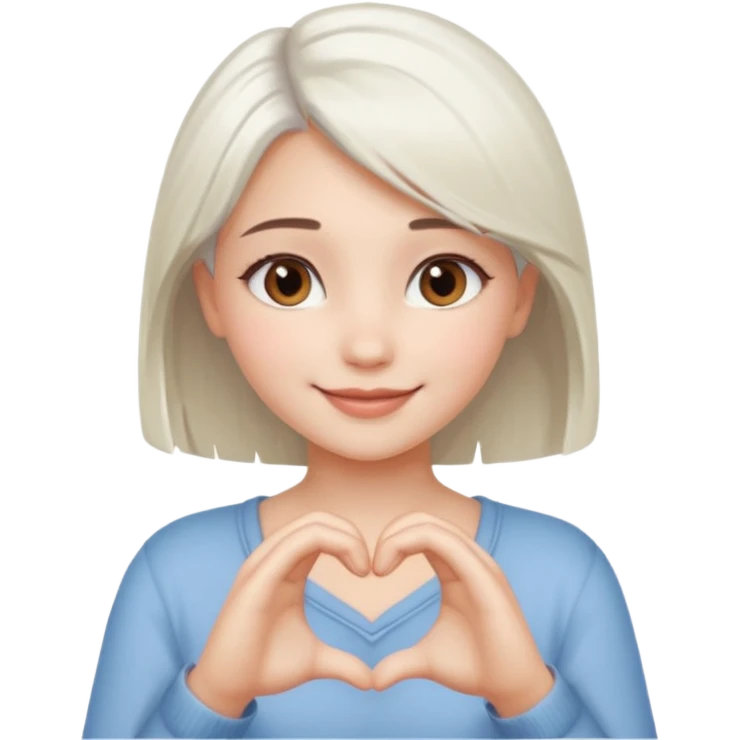 Beautiful girl. Platinum-colored hair just below the shoulders, straight, brown eyes, sweet smile. Hands in the shape of a heart. emoji
