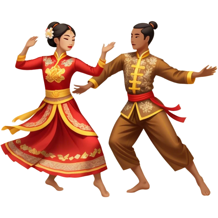 Cinematic Realistic scene of two performers executing a traditional Vietnamese folk dance, adorned in intricately patterned traditional costumes, captured in fluid motion with soft, culturally rich lighting emoji
