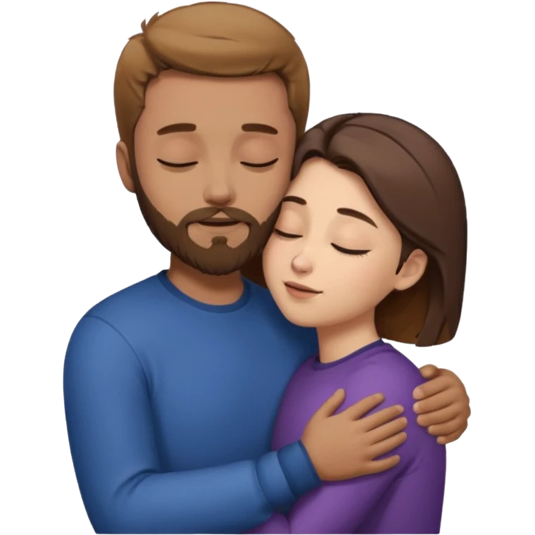 draw a man and a woman hugging each other passionately. looking toward each other. woman has short hair. man has short hair and beard. draw them with closed eyes. woman has dark brown hair. and man has light brown. emoji