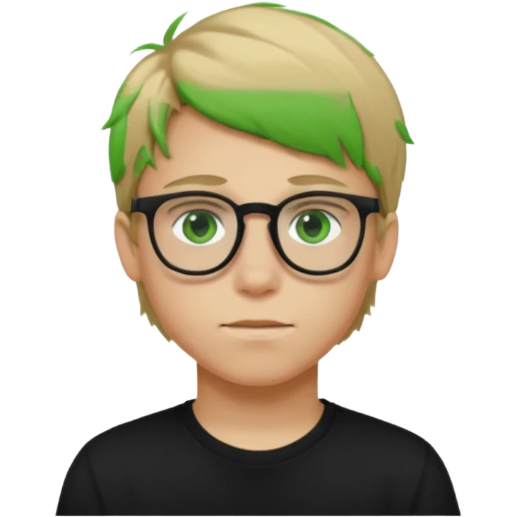 Generate me a profile picture like with a teenage boy who has dirty blond hair, green eyes, glasses and a black t-shirt emoji