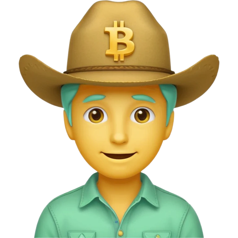 yellow unisex face emoji, mint green cowboy hat with '100x', Bitcoin symbol eyes, cheerful expression emoji
