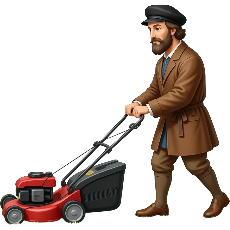 Leonardo da Vinci mowing the lawn with a lawn mower emoji