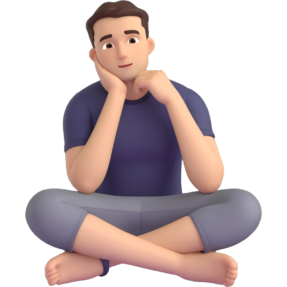 front-facing emoji-style illustration of a thoughtful man sitting with one hand under his chin, gazing slightly to the side, neutral or slightly serious expression, contemplative and curious mood, clean background emoji
