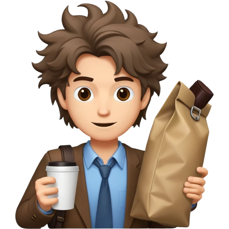 cartoon character dashing with coffee and bag, disheveled hair, cityscape background emoji