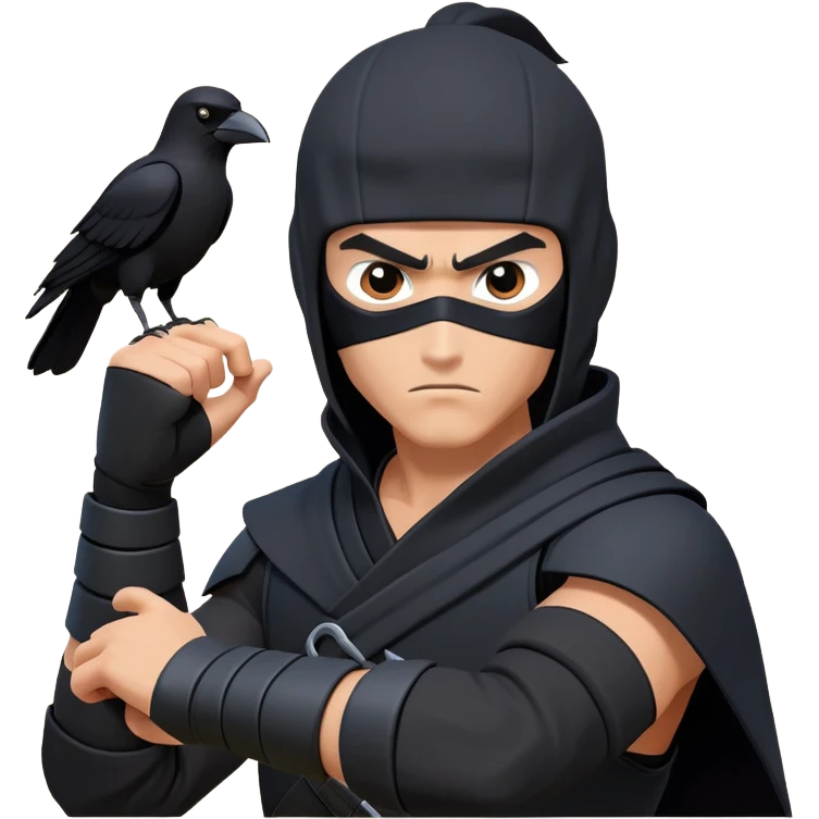 clash-of-clans-aesthetic_-cinematic-mysterious-male-ninja-portrait-emoji, rendered in a flat, vector-style with minimal shading and bold, simplified shapes, with a head slightly turned revealing intense, focused eyes. the ninja has his arm out and perched on top of his forarm is  a  giant black crow emoji