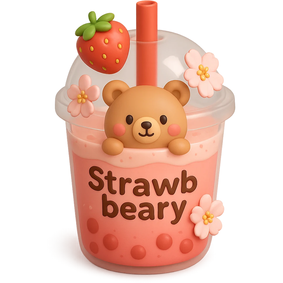 3D iOS style strawberry drink with a bear and cherry blossoms. Include the word "Strawbeary" on the cup. emoji