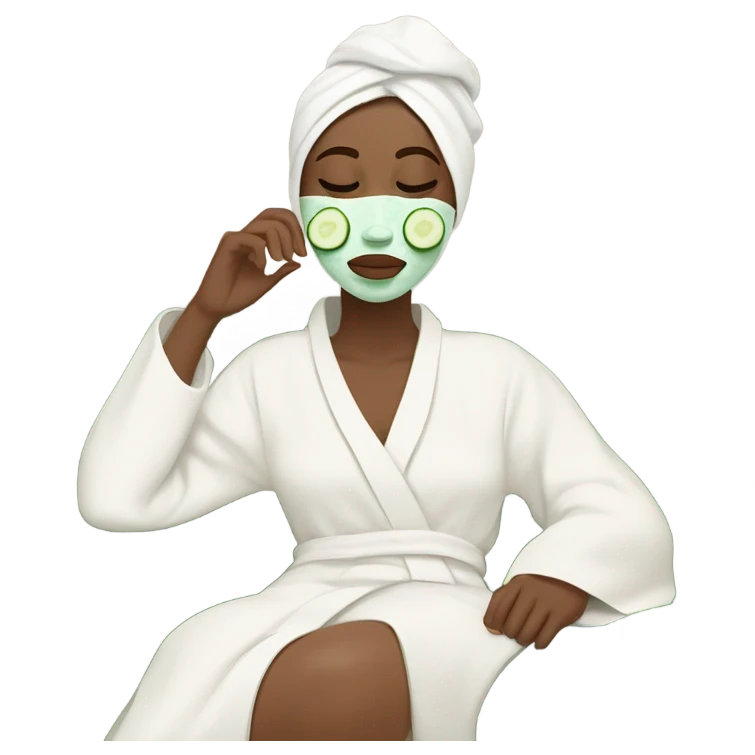 White girl with Brown hair and blue eyes wears a Green colored skincare clay textured mask and puts on cucumbers around her eyes while She relaxes in her white Robe emoji