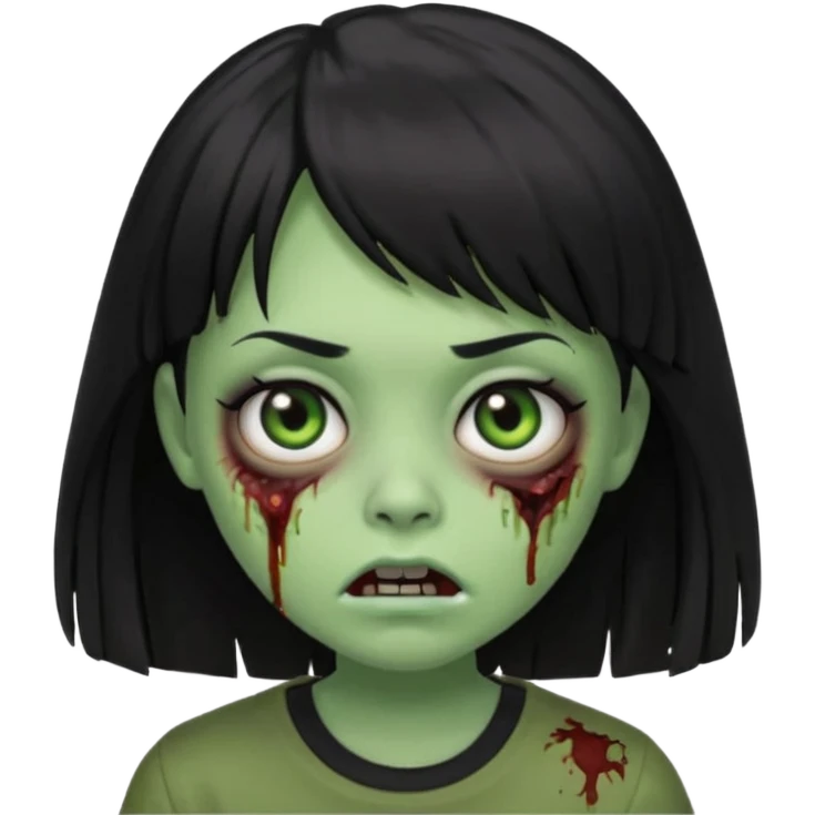 A zombie girl in Apple Memoji format with the longest, straight black hair with bangs, wearing a black shirt. emoji