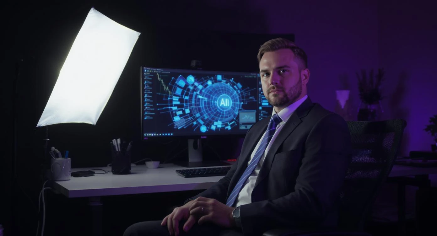 Course thumbnail, Photo of a business sitting on chair looking at camera, in background is computer with AI art on it, white softbox key light, environment is dark background but have proffesiona purple ambilight and leading lines, image feels proffesional and clean, rule od thirds emoji