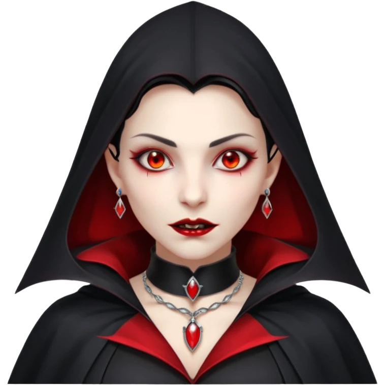vampire village woman portrait, head and shoulders only, dark gothic cloak collar, sharp fangs, red glowing eyes, elegant yet eerie expression, subtle jewelry, 3D cartoon, mobile game icon style, clean background, no text, no watermark emoji