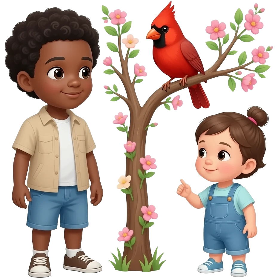 A red cardinal in a tree with pink and green flowers while a black boy and toddler look on emoji