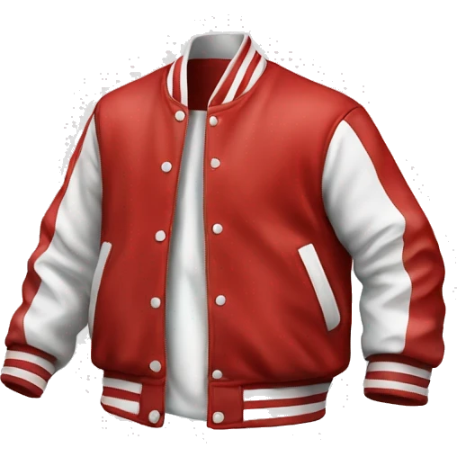 Red and white varsity jacket with a R emoji